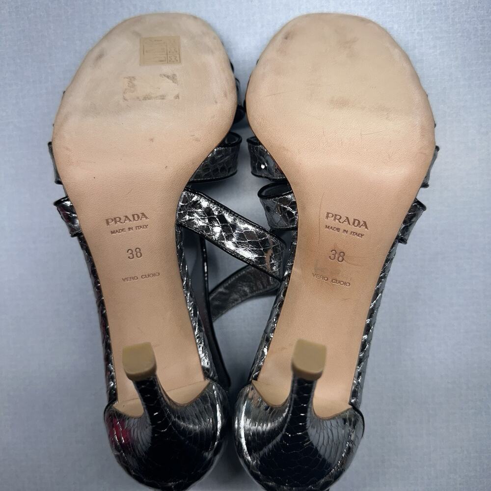 PRADA Silver Snakeskin Strappy Sandals Heels Size 38 (US 7.5) -Authenticated - Picture 5 of 16